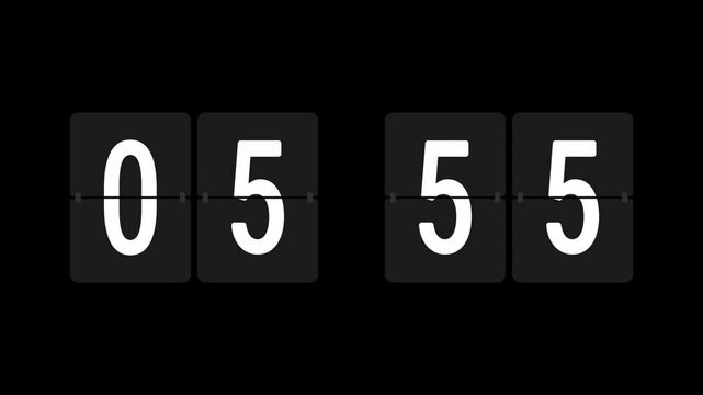 One minute timer countdown and count up animated with alpha channel. Flip counting board number motion graphic on transparent background. Clock, counter, black.