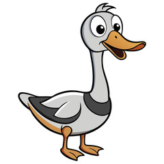 Cartoon duck stands amusingly, featuring orange beak, funny expression, and gray feather