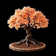 against a stark black backdrop, a small tree takes center stage, its leaves a vibrant orange