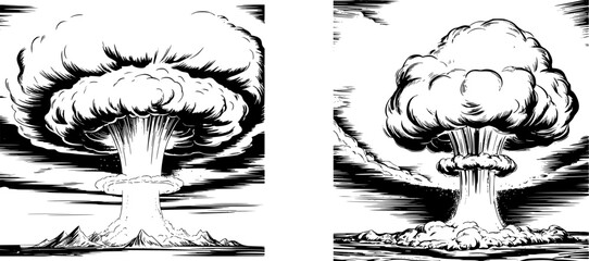 Atomic bomb explosion Armageddon Vector Set - Nuclear Bomb Explosion, Hydrogen Blast & Mushroom Cloud in High-Contrast Black/White, Doomsday Warfare Illustration for Posters & Media