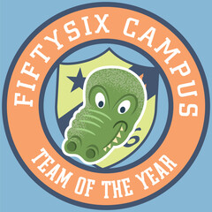 Crocodile or alligator mascot design with a sporty style, textures, text, and patches with varsity numbers and university-themed flags.