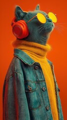 Trendy cat wearing headphones and stylish outfit against vibrant orange background