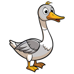 Cartoon goose with yellow beak and feet is cheerfully standing and watching