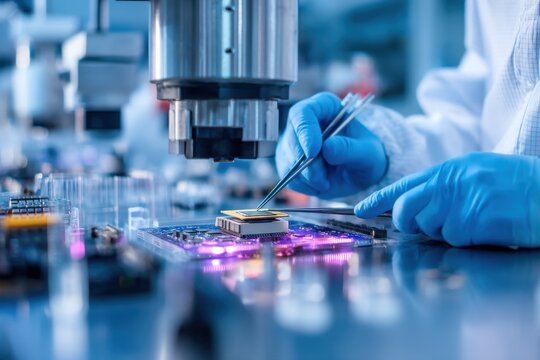 Scientist examining microchip with tweezers in clean room under microscope for quality control