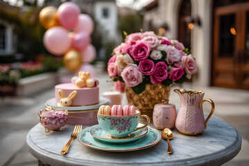 A garden tea party-style birthday celebration with cartoon bunnies and squirrels, flower decorations, butterfly balloons, teapots, and a pastel cake