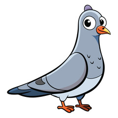 A cartoon pigeon with large eyes and orange beak stands alertly against white