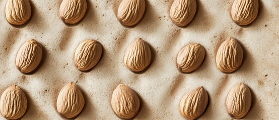 The image features almond nuts set against a soft pastel background with ample copy space