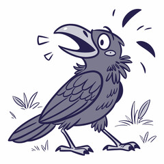 Cartoon gray crow stands yelling dramatically among sketchy grass on an offwhite background