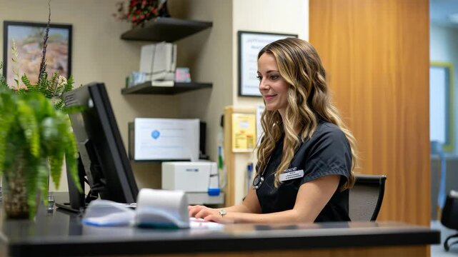Woman working on computer as medical receptionist in office for healthcare. Receptionist is adult woman with stethoscope in medical office.