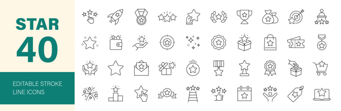 Star icon set. Containing rating, winner, medal, award, benefit, sparkle, shine, cup, badge and more. Editable line icons. Vector illustration.	