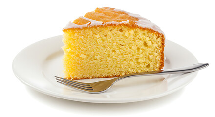Butter cake slice with a golden, buttery crumb and light glaze, presented on a plain white plate with fork, isolated against pure white background, soft lighting, classic Americana dessert style