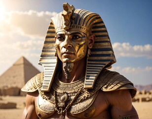 A regal figure, adorned in gold, gazes intently, pyramids in the background