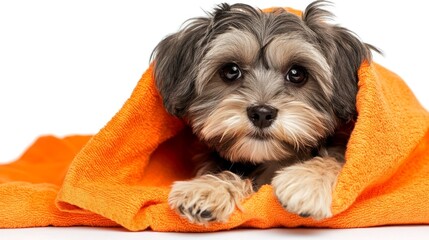 The Havanese dog, a puppy with a cute appearance, is seen sitting after a bath, wrapped in a vibrant orange towel on a white isolated background