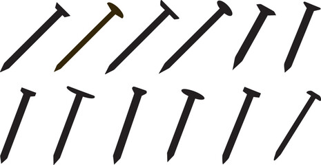 Grid Layout of Assorted Metal Nail Silhouettes Featuring One Distinct Golden Nail Among Traditional Black Flat-Headed Nails of Varying Lengths, set of nails