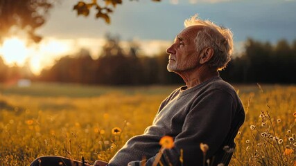Senior man in field at sunset. Elderly man enjoying sunlight in nature. Retirement, outdoor lifestyle, and golden hour concept. - Powered by Adobe