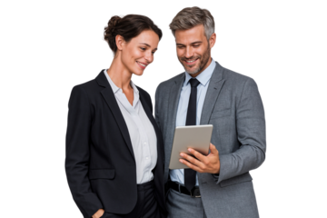Two business people in office collaborating while using a digital tablet, representing teamwork and modern business communication, transparent png