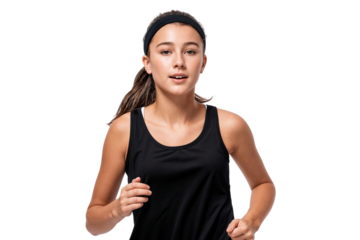 Smiling sporty girl jogging outdoors in a black tank top, isolated on transparent background