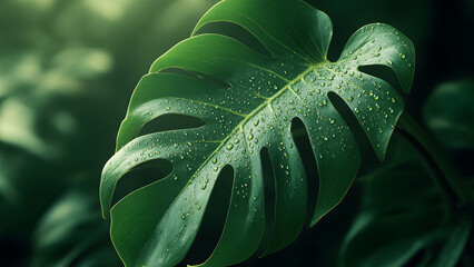 Lush Green Monstera Leaf with Water Droplets A Close-Up View of Nature's Beauty