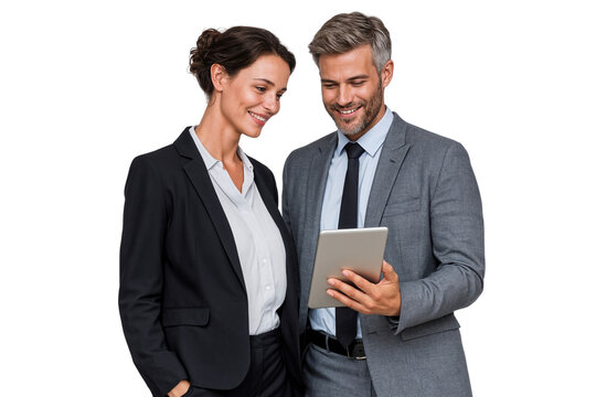 Two business people in office collaborating while using a digital tablet, representing teamwork and modern business communication, transparent png