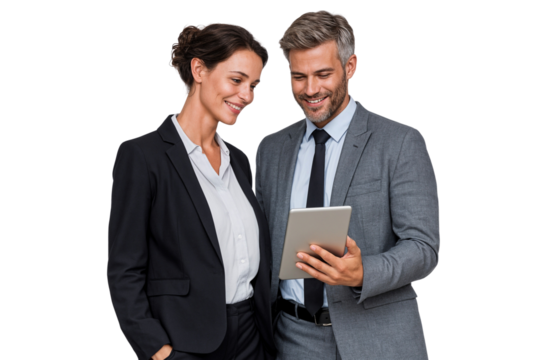 Two business people in office collaborating while using a digital tablet, representing teamwork and modern business communication, transparent png