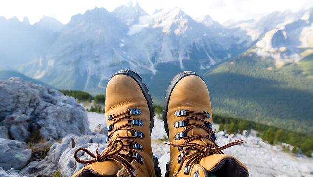 Old, brown leather hiking boots stand isolated in the mountains, ready for adventure on snow or dirt