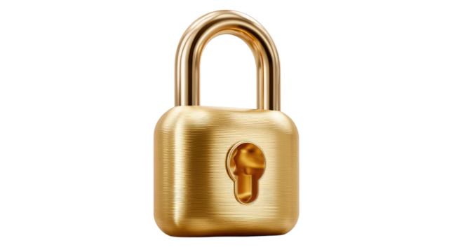 Gold Padlock of Security: A shiny gold padlock stands out, symbolizing security, privacy, and protection. Its simple design and elegant appearance.