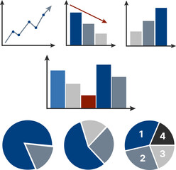 Business Chart and Graph Icon Pack. Infographic Elements with Line Charts, Bar Graphs, Pie Diagrams and Financial Analytics for Data Visualization, Strategy Planning and Financial Presentation Use