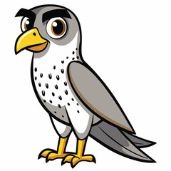Cartoon falcon with gray wings and yellow beak stands alertly on a white backdrop