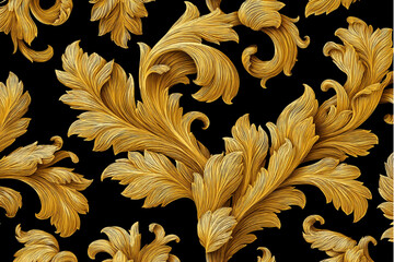 A seamless pattern of golden baroque leaves on a black background in an elegant and ornate style.,