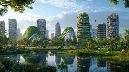 Fototapeta premium Lush, sustainable cityscape with modern architecture and abundant greenery.
