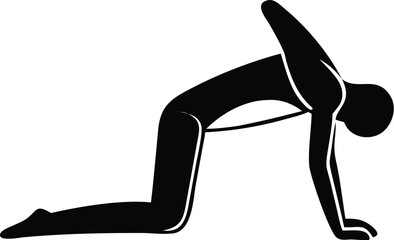 Silhouette shows a person on the floor doing a yoga pose, transparent background