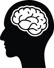 Human head silhouette displays a brain shape inside the head, shown on a white background