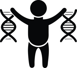 Black figure raises arms showcasing DNA structures against a white backdrop creating a silhouette