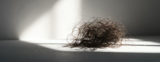 Isolated Hair on Bathroom Surface, Clump of Fallen Hair on Light Gray Bathroom Counter, Realistic Studio Lighting with Soft Shadows, Isolated Hair Loss Concept Without Human Presence