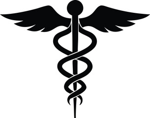 Black caduceus symbol shows entwined snakes and wings on a white transparent background