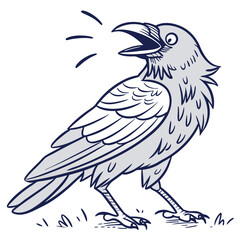 Animated gray bird stands on grass with open beak, appearing to crow