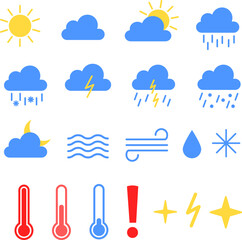 Weather and Forecast Icon Collection. Bright Colorful Set with Sun, Clouds, Rain, Wind, Thermometers, Storm Alert Symbols for Mobile App UI, Forecast Screens, Seasonal Reports and Weather News Design