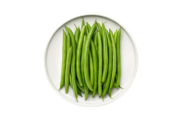 Overhead view of fresh green beans arranged on a white plate