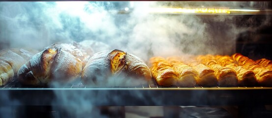 The Artisanal Bread Production Line at a Bakery: Freshly Baked Breads on Display