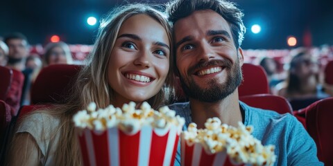 Couple enjoying a fun movie night at the cinema while holding delicious popcorn together