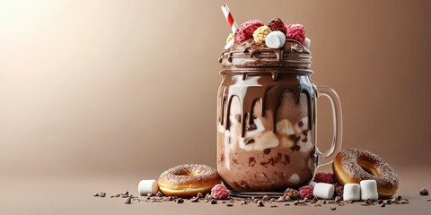Delicious chocolate milkshake topped with whipped cream, fruits, and donuts on a minimalistic background