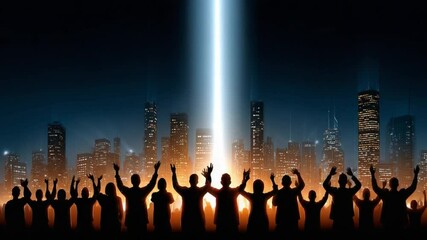 City Lights Celebration: A crowd of people silhouettes against the glow of a modern city skyline under a radiant beam of light symbolizing hope, unity, and collective dreams.