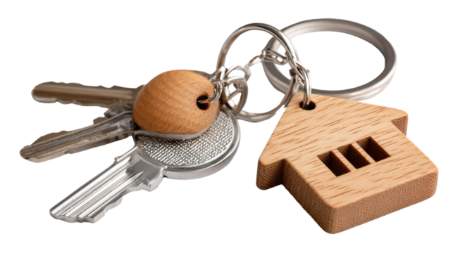 Homeownership Keys: A close-up of a symbolic wooden house keychain alongside a bunch of keys, evoking feelings of new beginnings, security, and the realization of homeownership