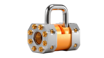 Security Fortress: A close-up shot of a robust and stylish padlock, gleaming with metallic finishes and intricate details, ready to provide a powerful symbol of protection.