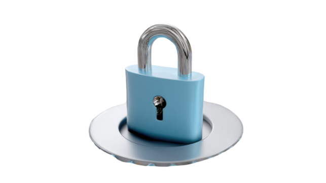 Security in a Nutshell: A serene still-life composition of a secure blue padlock atop a metallic plate, radiating resilience and confidentiality. 