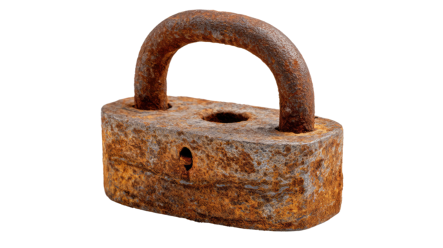 Weathered Sentinel: A close-up shot of a weathered padlock, its aged metal surface bearing the marks of time and exposure.
