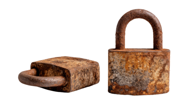 Timeworn Security: Two weathered padlocks, each a testament to time and resilience, stand as symbols of protection and the passage of years.