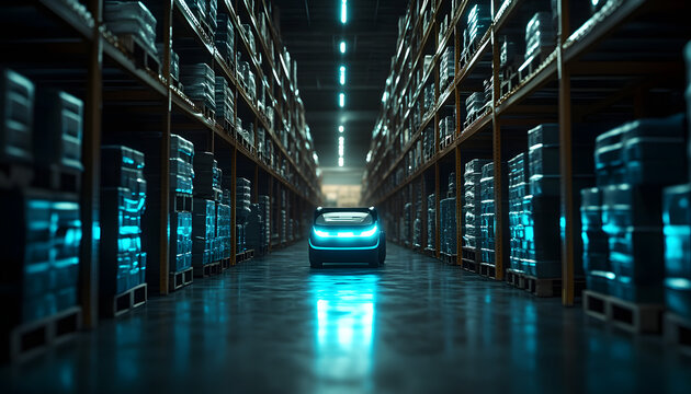 Autonomous delivery robots navigate a modern warehouse, optimizing logistics and revolutionizing supply chain automation
