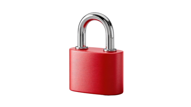 Secure Red Padlock: A close-up shot of a vibrant red padlock, its metallic sheen gleaming, symbolizing security and protection. Perfect for conveying concepts of safety, privacy, and access control.