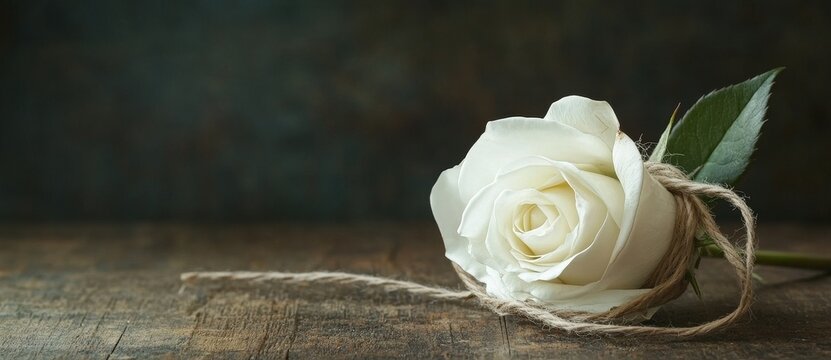 The image features a white rose with a reed bow on a vintage wooden table, set against a dark background and framed by a romantic template border, making it suitable for greeting cards such as